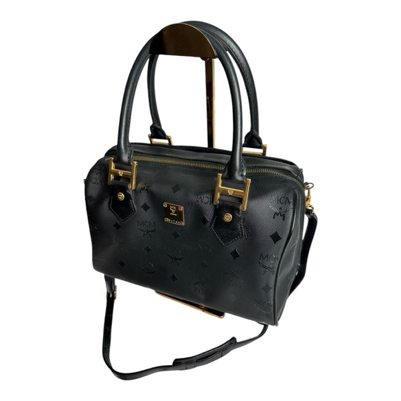 MCM Black Visetos Nylon & Leather Boston Style Crossbody Satchel Bag ~EUC - Picture 2 of 13